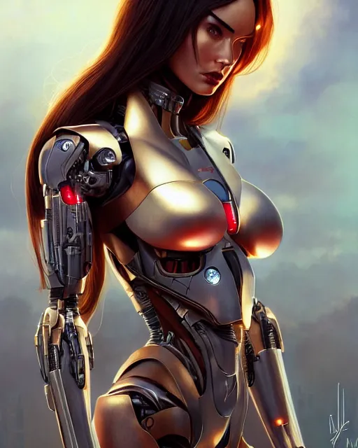 Image similar to weta disney pixar movie still portrait photo of megan fox as cyborg woman by pixar, by weta, wlop, ilya kuvshinov, rossdraws, artgerm, maxim cover, latex, sweaty, iridescent, bright morning, anime, liosh, mucha