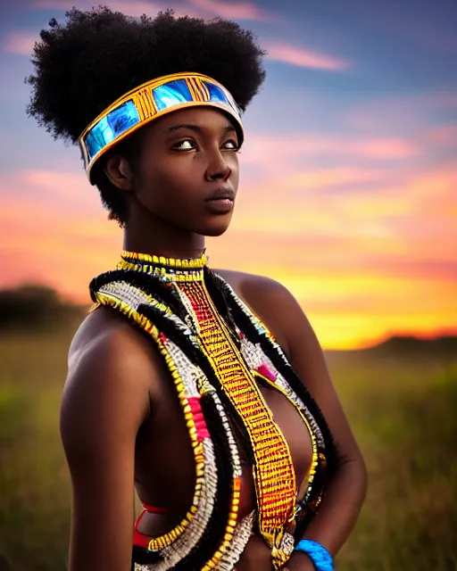 Image similar to centered medium shot fine studio photograph of a beautiful black girl wearing only a mecha Maasai helmet with bright lights, ultra-realistic, white background, 8k HDR sunset lit, intricate