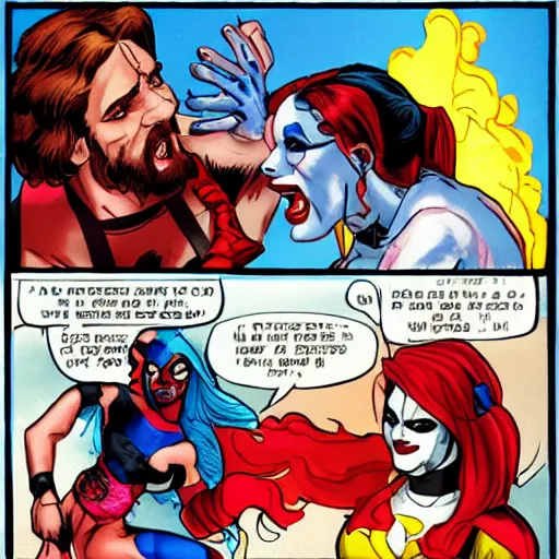 Image similar to Jesus fighting Harley Quinn over a vat of acid