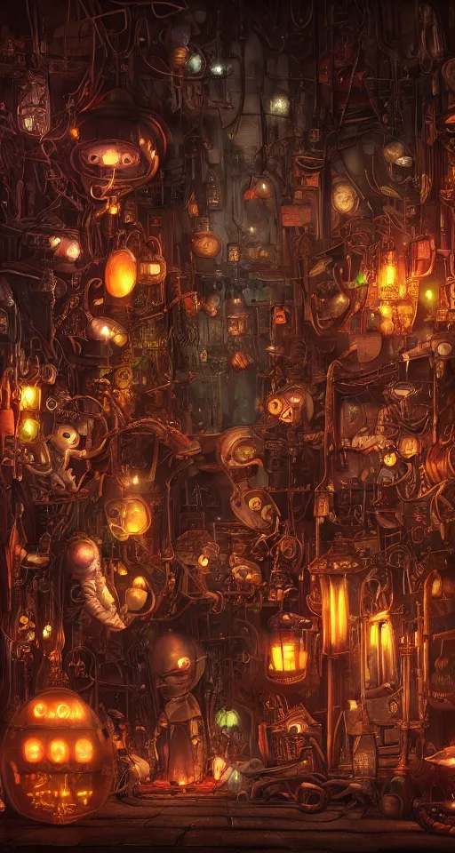 Prompt: tapestrie of a dream, ultra detailed, dark, steampunk, moody, candles, neon signs, characters from machinarium, by don bluth, trending on artstation, octane render