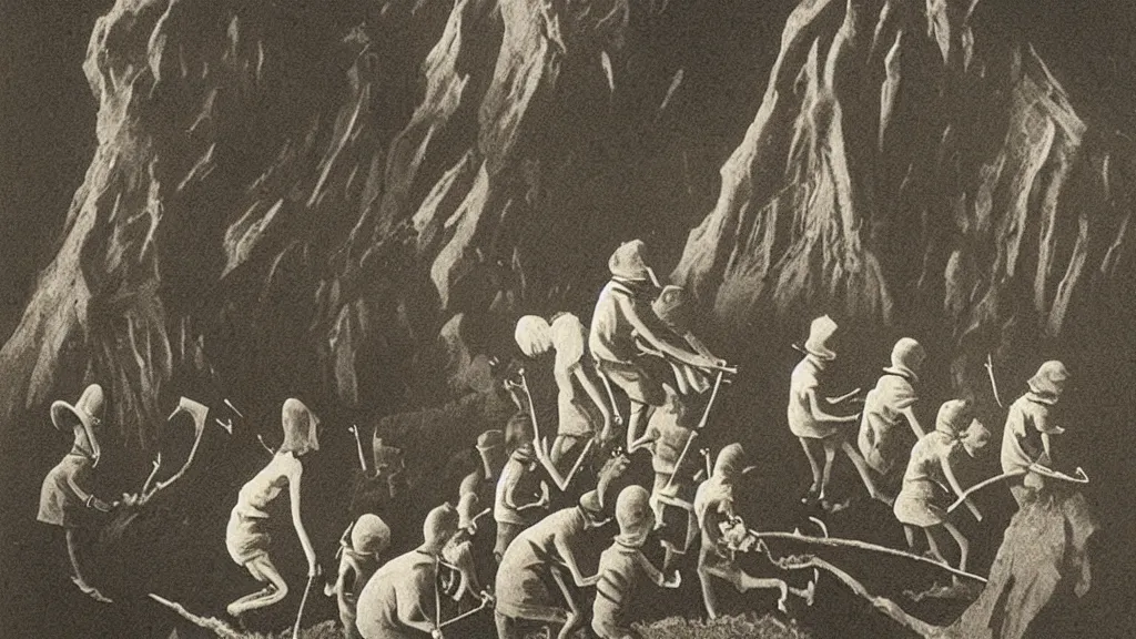 Prompt: A vintage scientific illustration from the 1970s of the Pied Piper luring hundreds of children up a hill while playing his pipe by Zdzisław Beksiński