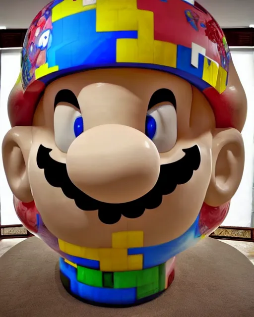 Prompt: a massive porcelain sculpture in a magic realm of super mario's face spewing mushrooms from his mouth