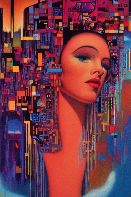 Image similar to 8 0 s art deco close up portait of miss of the world, rain like a dream oil painting curvalinear clothing cinematic dramatic cyberpunk textural fluid lines otherworldly vaporwave interesting details fantasy lut epic composition by basquiat zdzisław beksinski james jean artgerm rutkowski moebius francis bacon gustav klimt