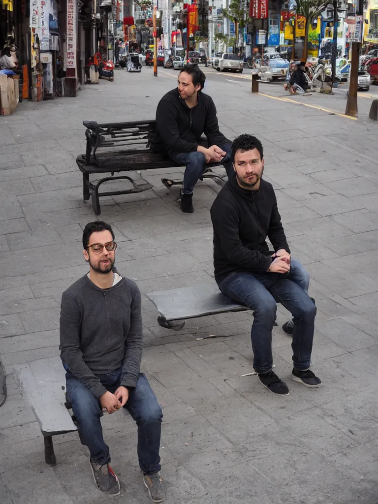 Image similar to a photo of thiago hersan sitting in a bench in china town san francisco