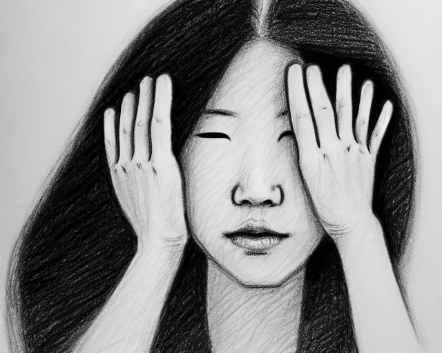 Prompt: a drawing of a woman covering her face with her hands, a sketch by kim eung - hwan, trending on pixiv, context art, pencil sketch, high detail, kinetic