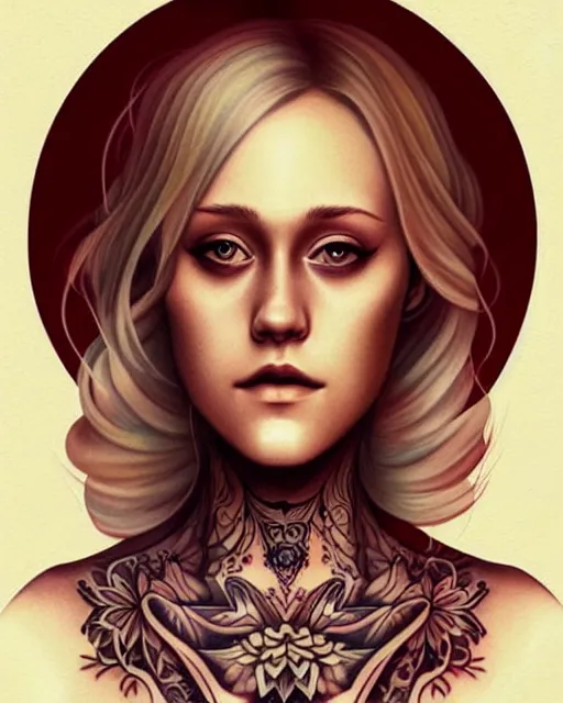 Prompt: beautiful woman Maika Monroe full sleeve tattoos and neck tattoo, symmetrical face, portrait, Charlie Bowater character art, warm color palette