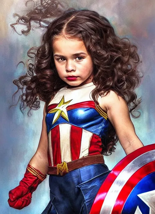 Prompt: a little girl with a mischievous face and light brown curly wavy hair. she is dressed as captain america, batman, the flash, captain marvel, wonder woman, a superhero. clean elegant painting, beautiful detailed face. by artgerm and greg rutkowski and alphonse mucha