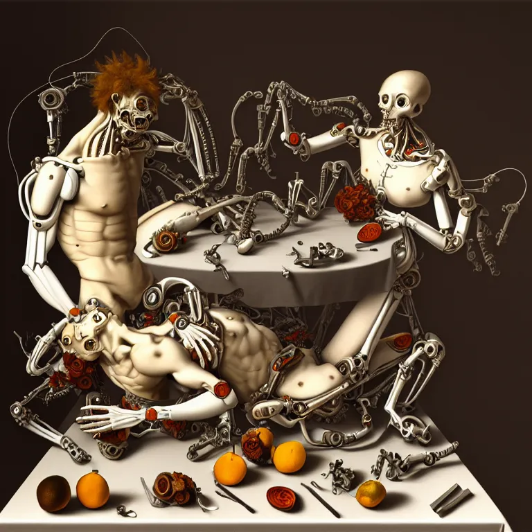 Prompt: still life of two biomechanical cyborg male lovers laying on a table, pastel flowers on a table, surreal alien ribbed pastel fruit, white human spine, baroque painting, beautiful detailed intricate insanely detailed octane render trending on Artstation, 8K artistic photography, photorealistic, chiaroscuro, Raphael, Caravaggio