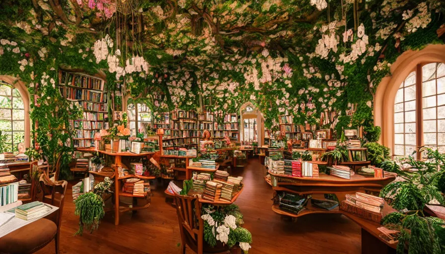 Image similar to Dreamy photo of a very very cozy bookstore cafe that is nestled into the lush PNW woods with castle and temple details, lush plants and flowers, in the style of Gucci, photographed by Petra Collins and Wes Anderson, magic details, very detailed, 8k, trending on artstation, very detailed