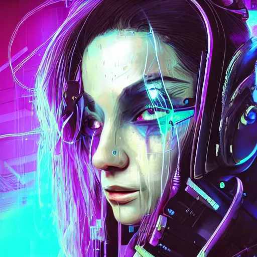 Image similar to “high detail picture of a Cyberpunk girl, digital art, concept art, neon colors, high contrast, sharp focus, hiperrealist, photorealist, Artstation trending, DeviantArt, cybernetics, techwear, urban samurai, netrunner, Shadowrun, Cyberpunk 2077, Deus Ex”