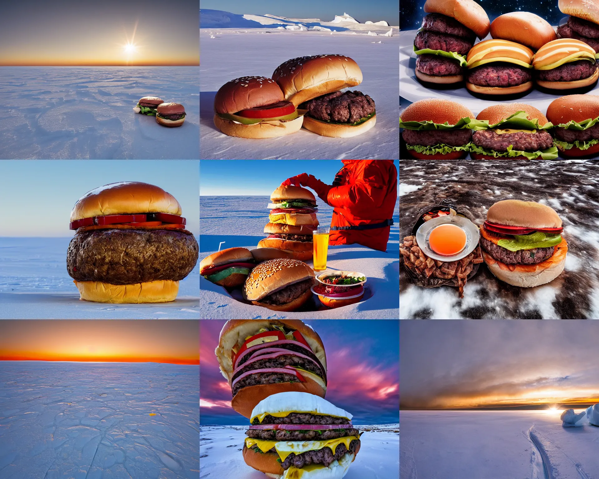 Prompt: enormous hamburgers at the south pole, national geographic photo, award - winning, extremely detailed, very high quality, 8 k, sunrise,