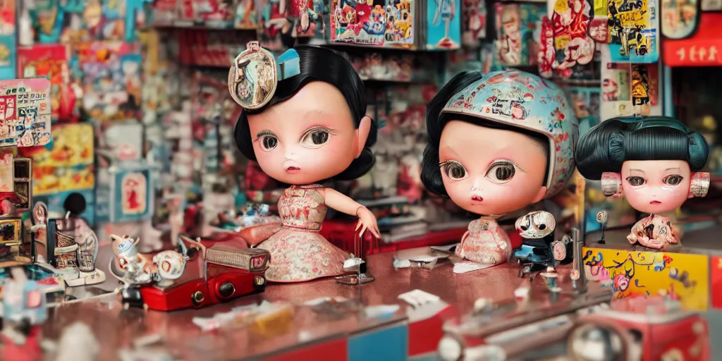 Image similar to closeup portrait of tin toy retro tokyo corner store diorama, depth of field, f 3 2, zeiss lens, detailed, centered, fashion photoshoot, by nicoletta ceccoli, mark ryden, lostfish, breathtaking, 8 k resolution, extremely detailed, beautiful, establishing shot, artistic, hyperrealistic, octane render, - h 8 0 4