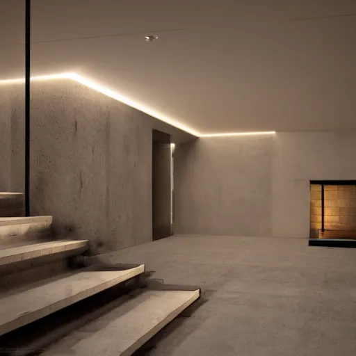 Image similar to interior of a modern brutalist house, night,