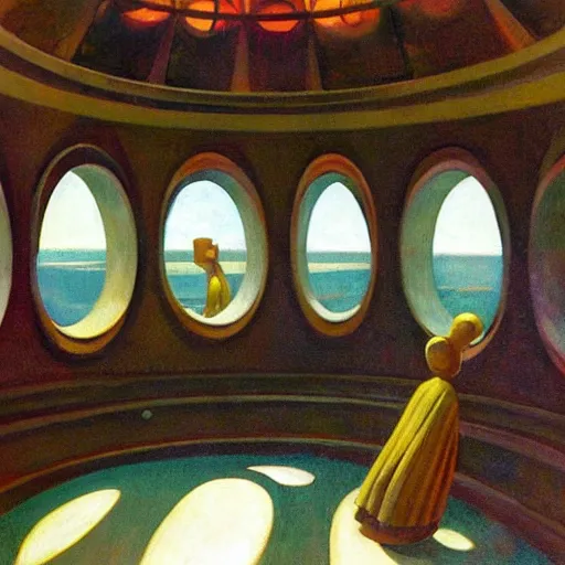 Image similar to three brutalist robotic seers watchers oracles soothsayers inside a dome, pj crook, grant wood, edward hopper, syd mead, chiaroscuro, oil on canvas