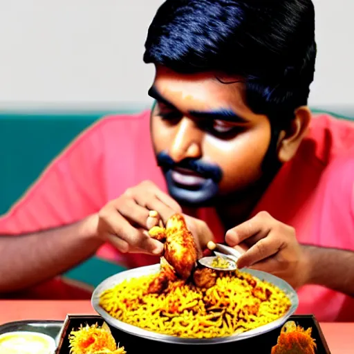 Image similar to A South Indian college student is eating chicken biryani in an Andhra mess, highly detailed, photorealistic, 4k