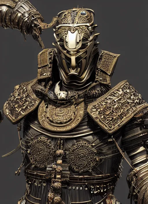 Image similar to hyper realistic glorious ancient samurai in a obsidian metal armor, futuristic design, designed by makoto kobayashi and luca zampriolo, portrait, cyberpunk style, wood and gold details, intricate, extremely detailed, ornate, deep of field, hard surface, exoskeleton, substance designer metal unreal engine. amazing likeness. very detailed.