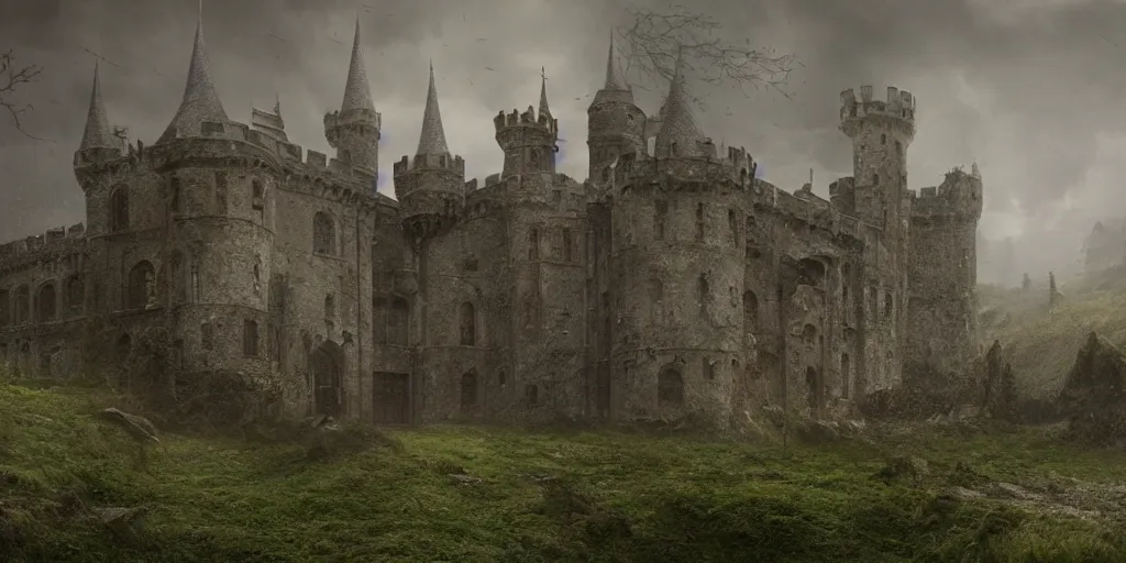 Prompt: matte painting, castle, dramatic landscape, overgrown, cinematic, overcast, interior light, rain, slight fog, mystical