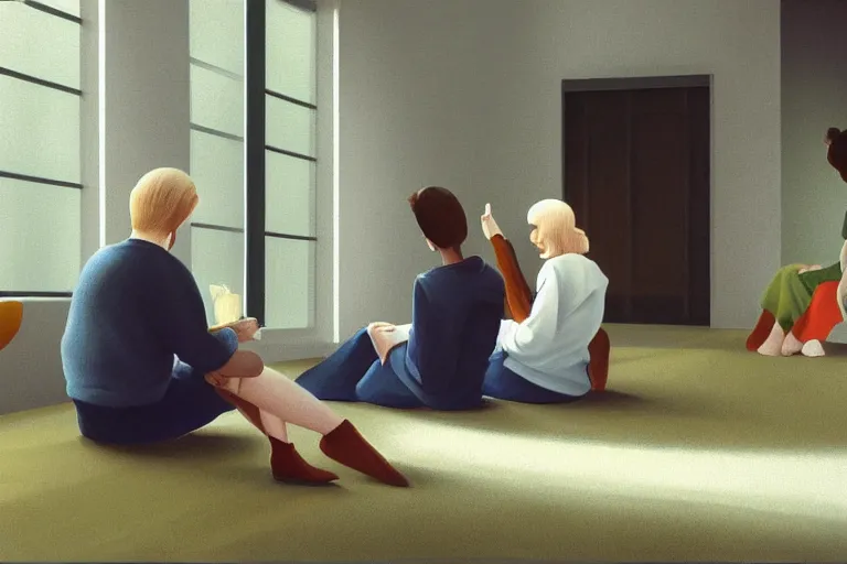Prompt: beautiful painting of friends sitting at a half - turn on the edge, cute, soft light, digital painting by diane arbus and ralph mcquarrie and harry bertoia octane render