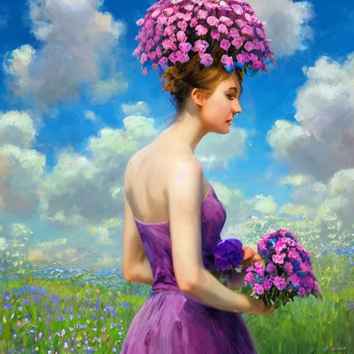 Image similar to a portrait of a romantic woman with flowers grow out of hair, roses peonies forget-me-nots dahlias lupins gladioli, sky theme in background, by Alexandr Averin, Digital Art, Trending on artstation