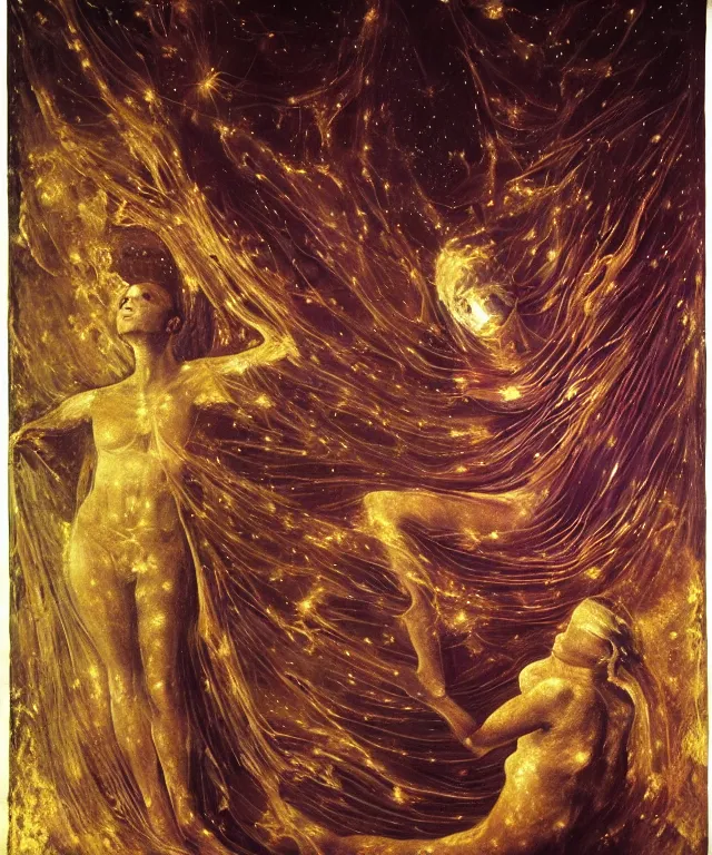 Image similar to Beautiful full-body wax sculpture of a glowing transparent nebula with a woman face with visible gold bones covered with melted white wax inside the singularity where stars becoming baroque folds of dark matter by Michelangelo da Caravaggio, Nicola Samori, William Blake, Alex Grey and Beksinski, dramatic volumetric lighting, highly detailed oil painting, the golden ratio intial composition, 8k, masterpiece