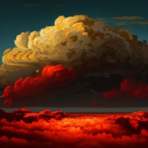 Prompt: ominous red cumulonimbus clouds, red sun, in style of Doom, in style of Midjourney, insanely detailed and intricate, golden ratio, elegant, ornate, unfathomable horror, elite, ominous, haunting, matte painting, cinematic, cgsociety, Andreas Marschall, James jean, Noah Bradley, Darius Zawadzki, vivid and vibrant