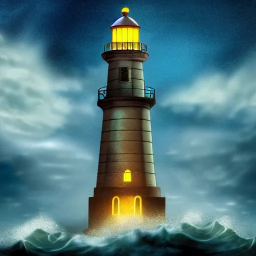 Prompt: a lighthouse on a rough sea at night, moonlight shining through the clouds, Tyndall effect, BioShock, 80s sci-fi, Retro Futurism Art --h 1024 --w 1024