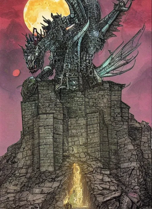 Image similar to detailed fantasy comic book drawing of a ( giant mechanical dragon ) over a ( stronghold castle ) by dariusz zawadski and simon stalenhag, simon bisley!, jack kirby!!! and gris grimly, cinematic, epic, awesome color palette, hard contrast, ink outlines