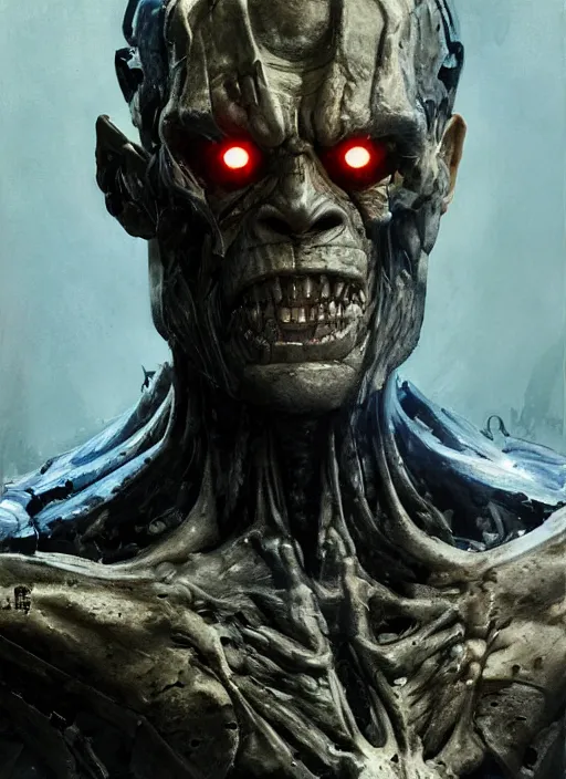 Image similar to willem dafoe as victor stone, full body concept, cyborg, borg, strogg, face of a man, terminator, flesh, quake strogg, doom demon, wolfenstein, monstrous, symmetry, symmetrical, concept art by ruan jia and greg rutkowski