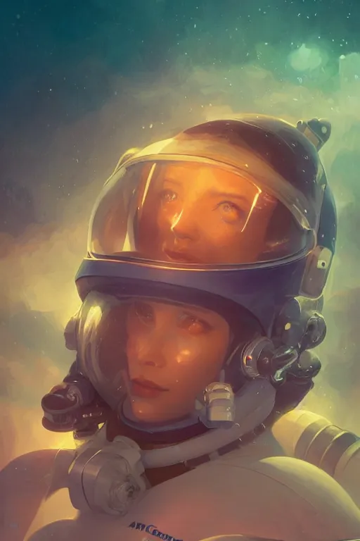 Image similar to astronaut underwater in the ocean at night, volumetric lighting, glowing lights, 4k, octane, digital painting, artstation, concept art, sharp focus, illustration, art by artgerm and greg rutkowski and alphonse mucha