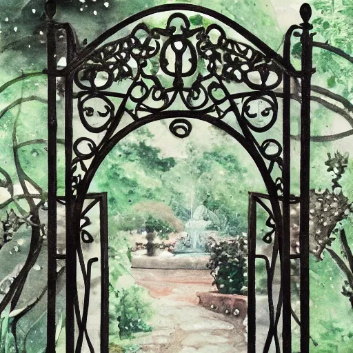 Image similar to delicate rain, symmetric artwork, chairs, garden, paved, botanic watercolors, iridescent, 8 k, realistic shaded, fine details, artstation, italian, iron gate, tree, mediterranean, marvelous