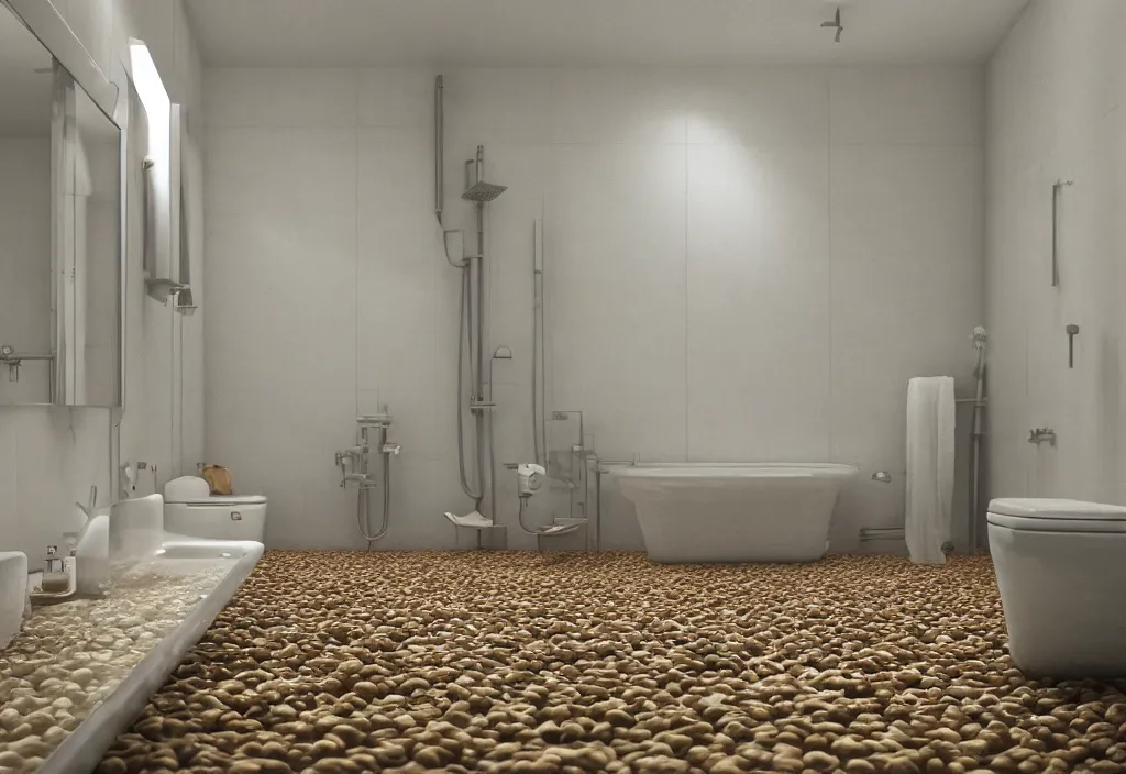 Prompt: kodak portra 4 0 0 photographic and realistic, interior of a bathroom, detailed, octane render, unreal engine, 4 k, artstation, hyper realistic, wide angle, floor flooded with beans, river, objects that float, 3 5 mm, sharp focus, soft light, volumetric light, in the style of gregory crewdson