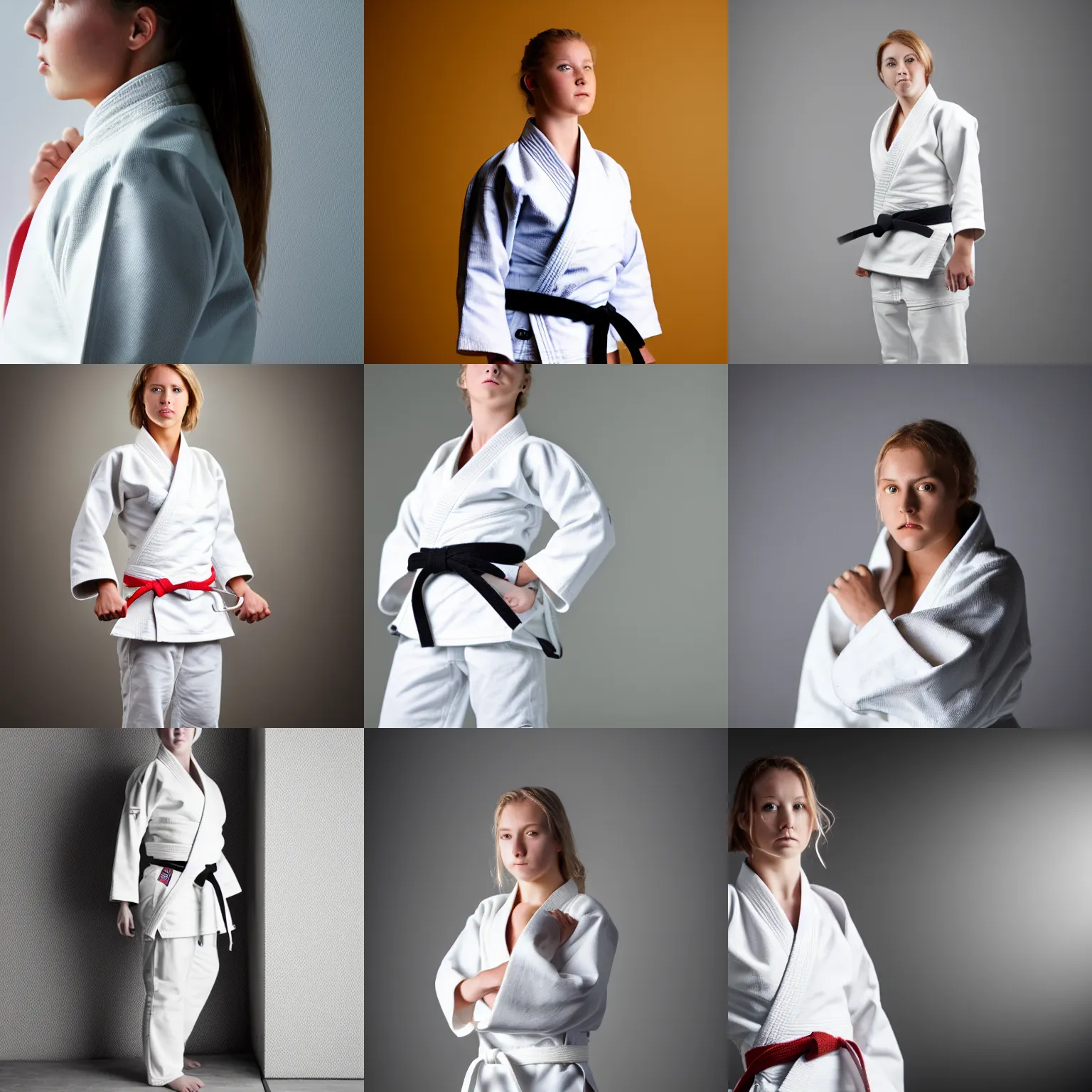 Prompt: Young white judo woman wearing a white gi, standing on a shelf, looking out, macro photography, studio lighting