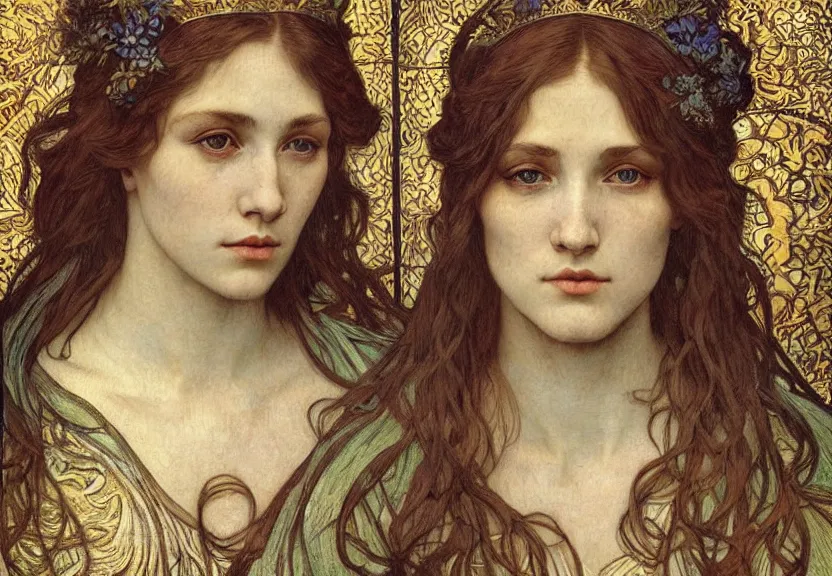 Image similar to detailed realistic beautiful young medieval queen face portrait by jean delville, alphonse mucha, vincent van gogh, and marco mazzoni, art nouveau, symbolist, visionary, gothic, pre - raphaelite