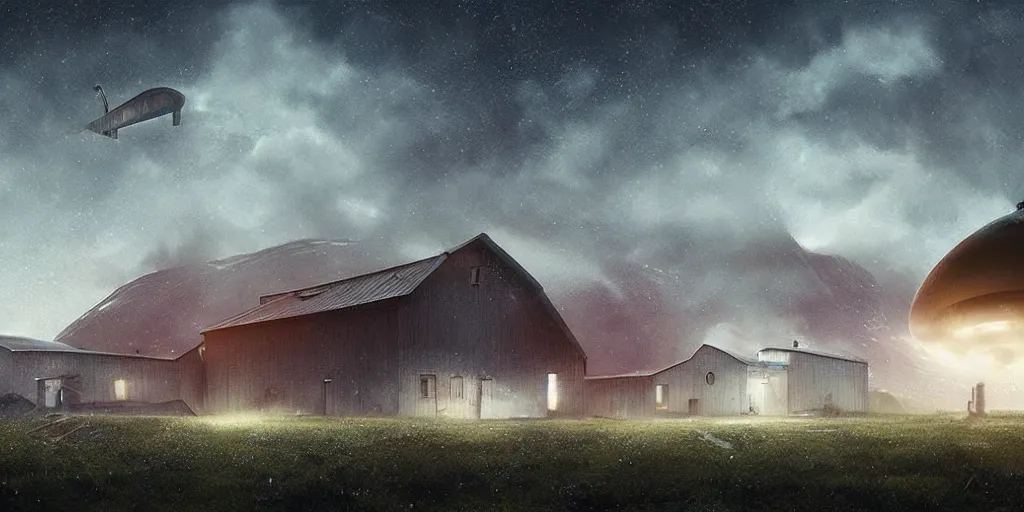 Prompt: In the north of Norway, a large spaceship flies far above a farm with a farmhouse and a stable, dreamy misty matte painting dystopian sci-fi digital art in the style of Simon Stalenhag, featured on Artstation