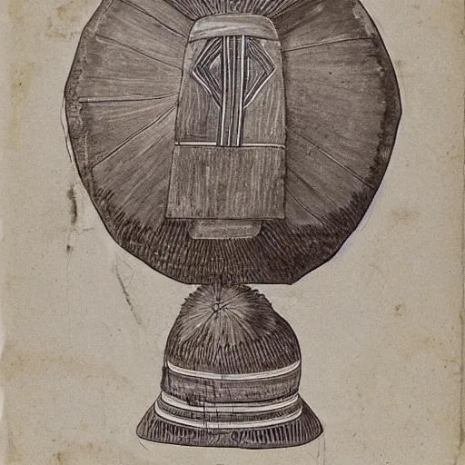 Image similar to an ethnographic object from an unknown indigenous tribe, in the style of corinthian capital by giocondo albertolli ( italian 1 7 4 2 - 1 8 3 9 ). medium : pen and brown ink, brush and gray wash on laid paper