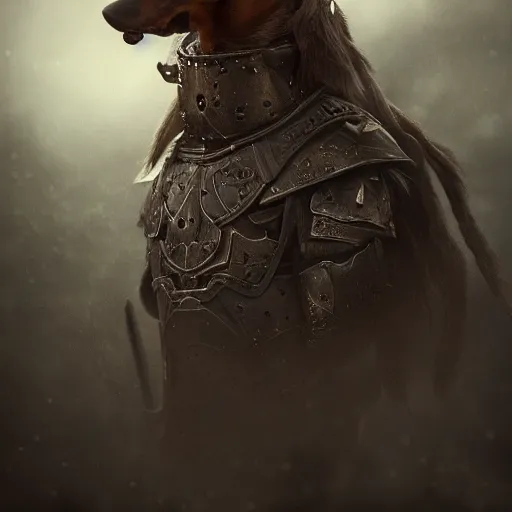 Image similar to warrior dachshund in armor, eerie, intricate, highly detailed, sorrow, dramatic, emotional, proud, matte painting, award - winning art, cold lighting, refractions, volumetric lighting, trending on artstation, digital art, 8 k