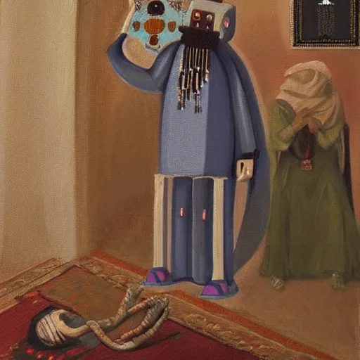 Image similar to a robot who wears muslim clothes, has a long beard, holds a rosary, and wears an arab abaya, oil painting