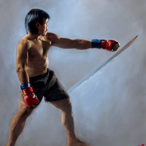 Image similar to greg manchess portrait of a filipino mma fighter looking shocked as he drops his sword, profile picture, organic painting, sunny day, matte painting, bold shapes, hard edges, street art, trending on artstation, by huang guangjian, gil elvgren, ruan jia, randy vargas, greg rutkowski