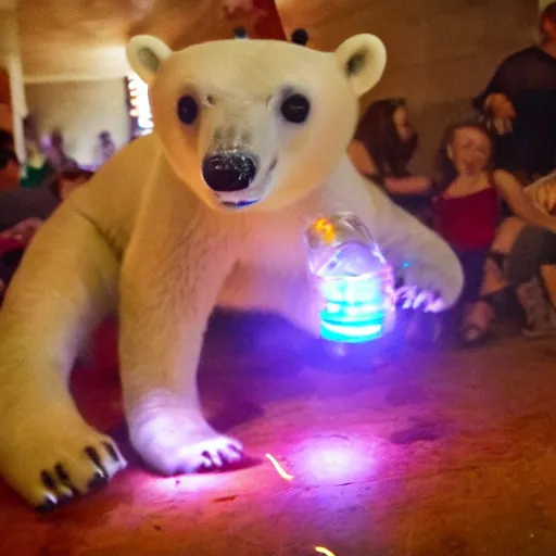 Image similar to little polar bear partying, drink, nigh club