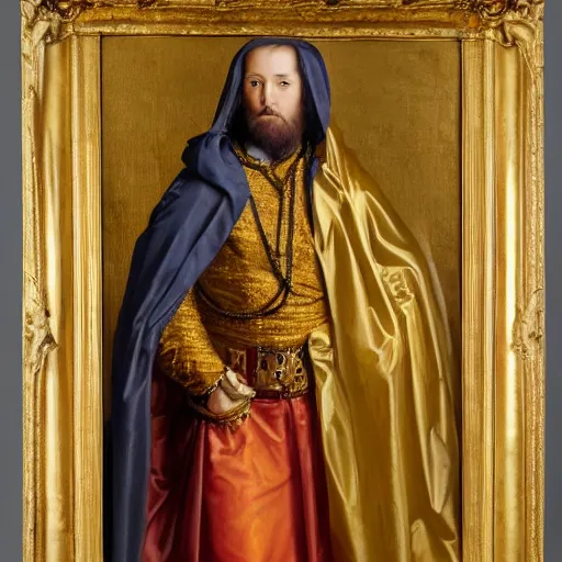 Prompt: a man wearing a long cloak and hood, golden chains, embroidery, holding gold crown, baroque elements, realistic oil painting, high detail