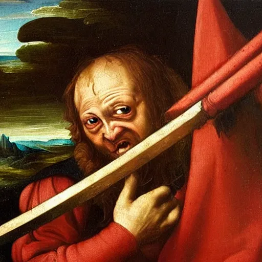 Prompt: Renaissance painting of goblin with red eyes raging rusty sword