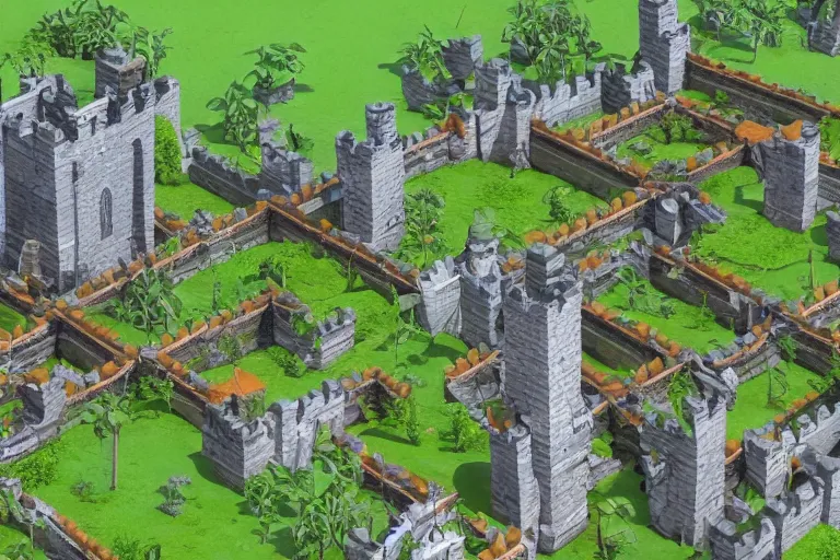 Image similar to 3 d medieval castle in a jungle with towers, 3 d, isometric, indie game