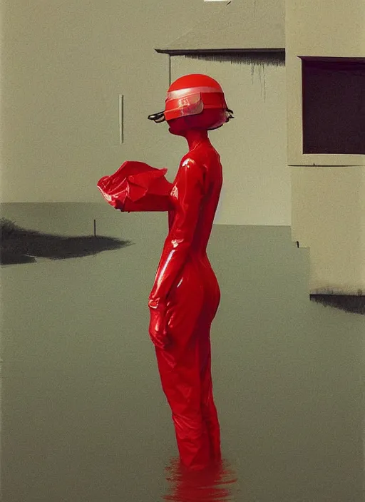 Prompt: woman in VR helmet made of paper bag, dressed in transparent red plastic bags, on flooded street Edward Hopper and James Gilleard, Zdzislaw Beksinski, highly detailed