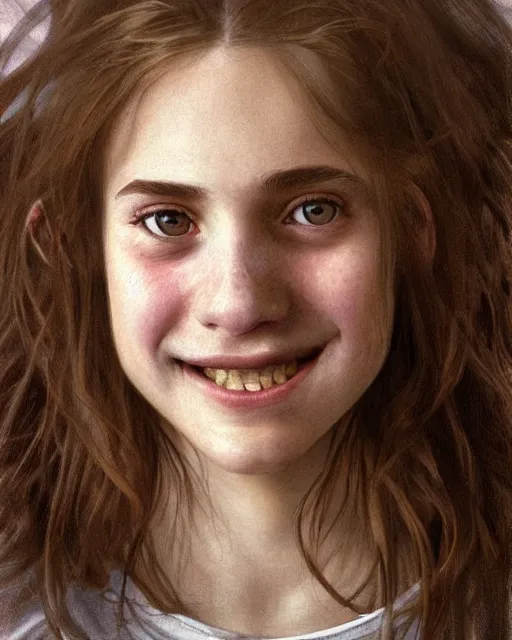 Image similar to close up portrait of 1 5 - year - old girl, smile with large front teeth, hermione granger, very bushy brown hair, and very bright brown eyes, wearing white shirt, hyper realistic face, beautiful eyes, close up, fantasy art, in the style of greg rutkowski, intricate, alphonse mucha, hyper detailed, smooth