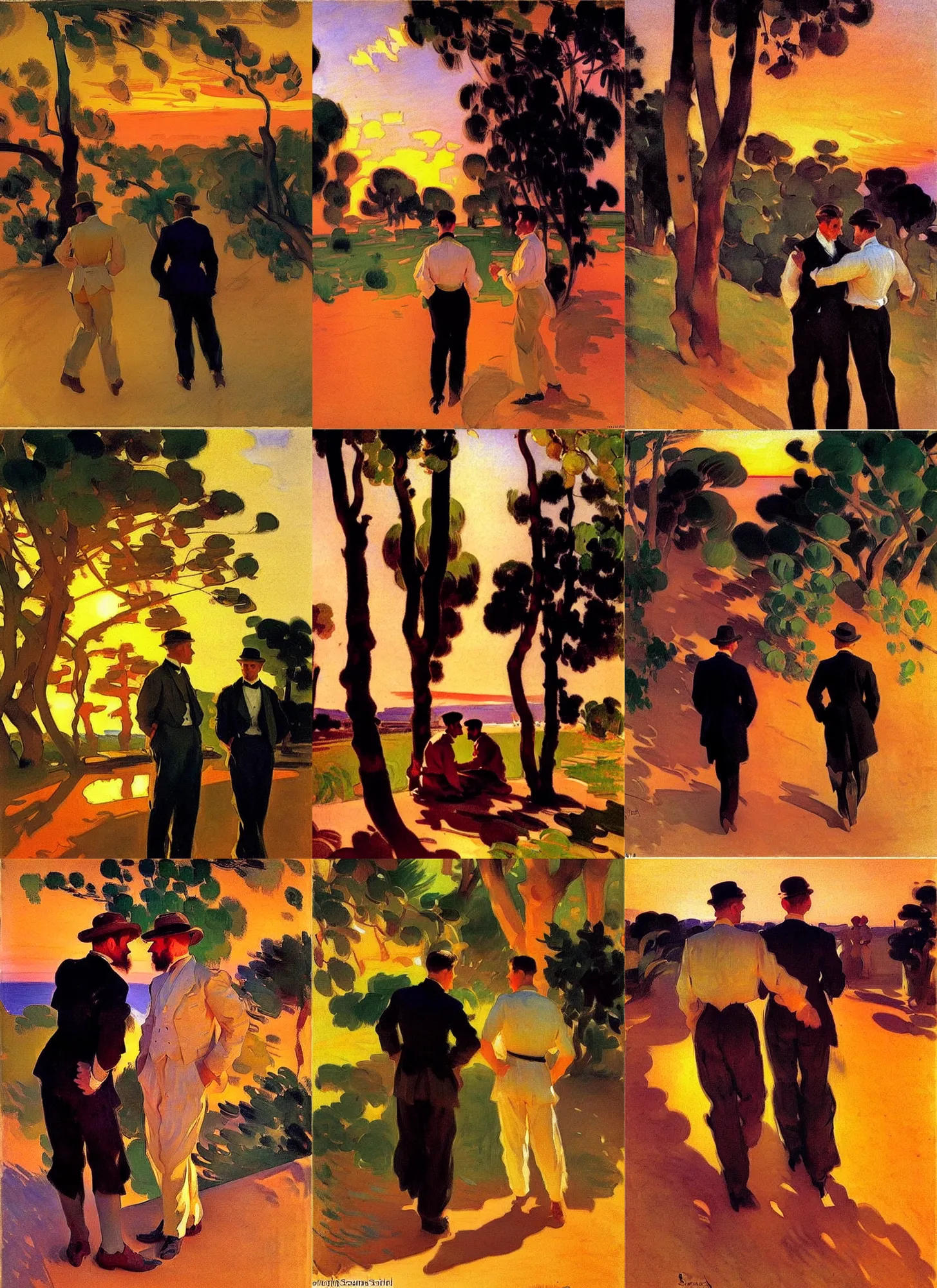 Prompt: male couple at the forest, sunset, illustrated by joaquin sorolla and ricardo sanz