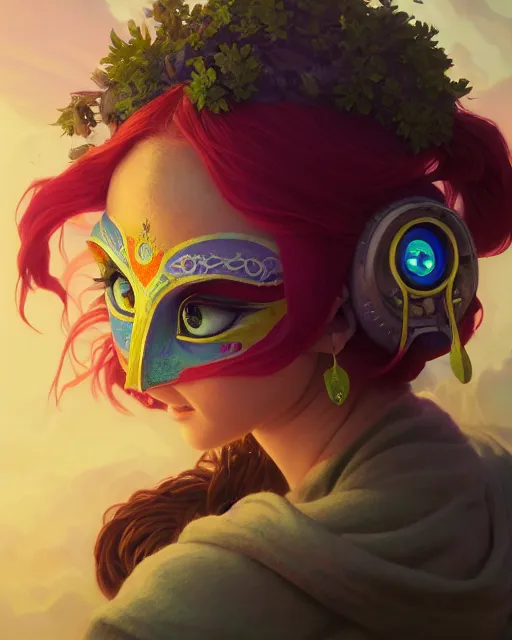 Image similar to highly detailed surreal vfx portrait of young woman wearing majora's mask, stephen bliss, unreal engine, greg rutkowski, loish, rhads, beeple, makoto shinkai and lois van baarle, ilya kuvshinov, rossdraws, tom bagshaw, alphonse mucha, global illumination, detailed and intricate environment