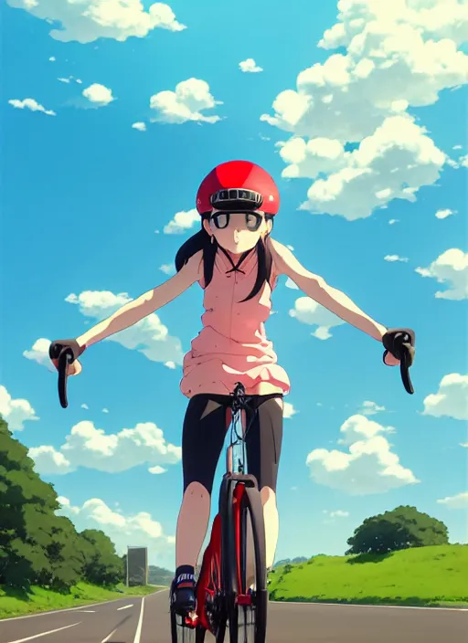 Image similar to portrait of cute girl riding road bike, sunny sky background, lush landscape, illustration concept art anime key visual trending pixiv fanbox by wlop and greg rutkowski and makoto shinkai and studio ghibli and kyoto animation, symmetrical facial features, sports clothing, road bike helmet, red cycling suit, backlit, aerodynamic frame, global cycling network