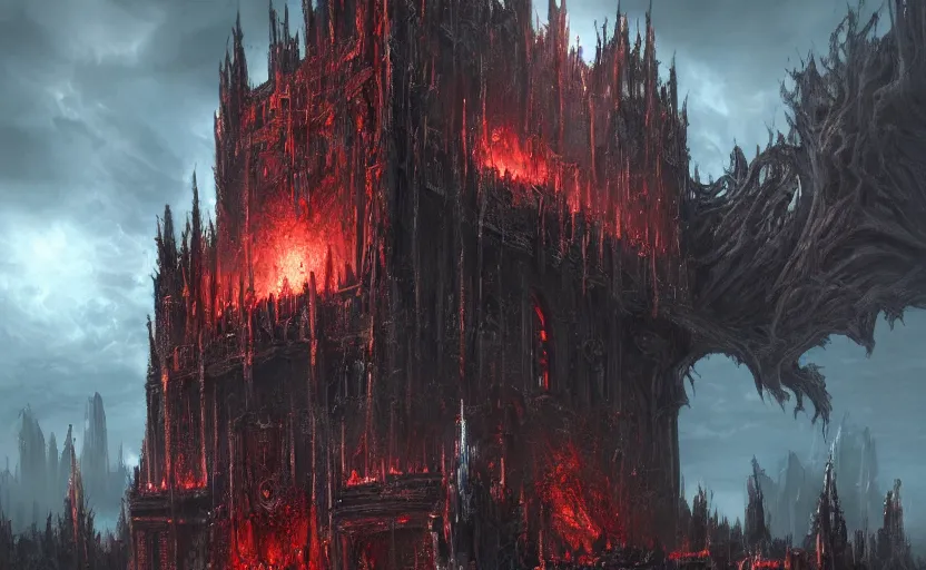 Image similar to an ominous and evil wretched structure created by the mysterious beings, towering over the people down below. trending on artstation, doom eternal, dark souls