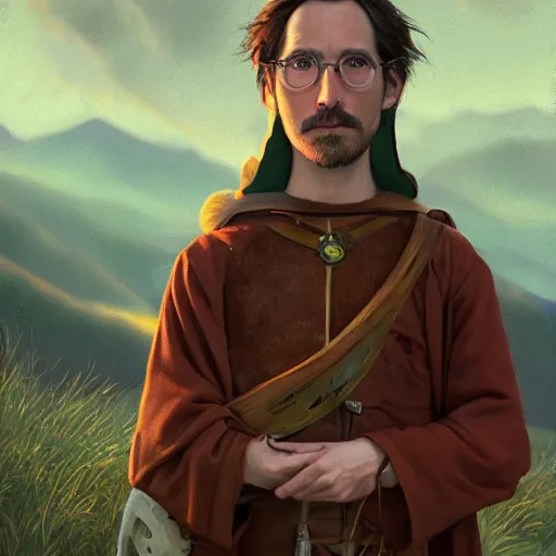 Image similar to A professional digital portrait painting of a D&D druid, painted by Wes Anderson, painted by Hayao Miyazaki, dressed in light armor, 4k, digital art, trending on cgsociety, highly detailed, head and shoulders shot, shallow depth of field, purple and yellow lighting, professional lighting, airbrush,