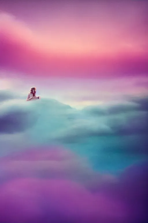 Image similar to high quality pastel coloured film close up wide angle photograph of a model wearing clothing swimming on cloud furniture in a icelandic black rock!! environment in a partially haze filled dreamstate world. three point light, rainbow. photographic production. art directed. pastel colours. volumetric clouds. pastel gradient overlay. waves glitch artefacts. extreme facial clarity. 8 k. filmic.